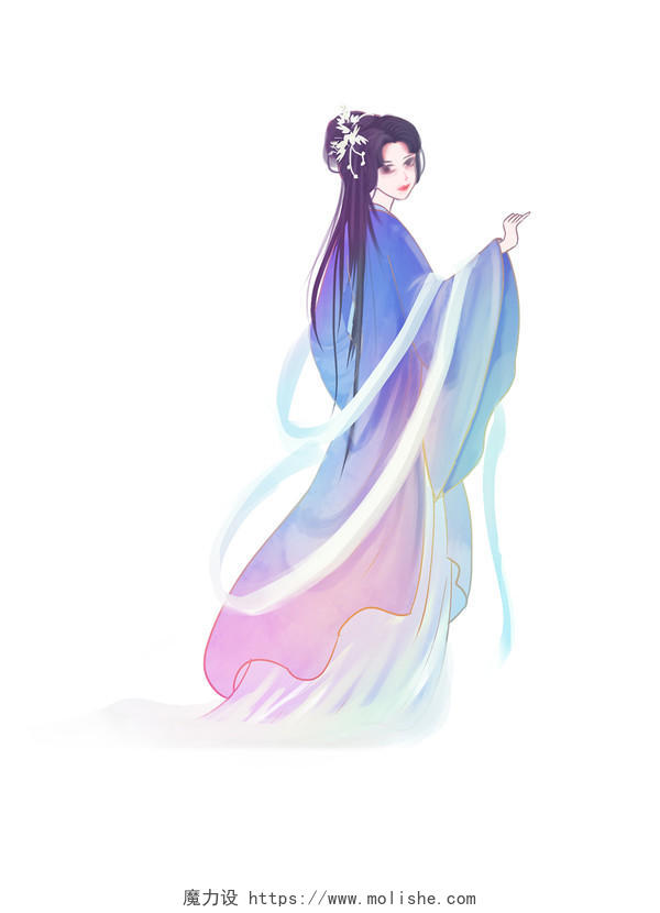彩色手绘古风中国风汉服人物女子美女元素PNG素材